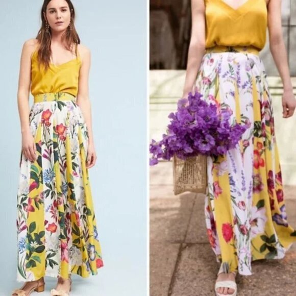 NEW Rococo Sand Anthropologie Yellow Aprile Floral Pleated Skirt Size 6 - Picture 1 of 10